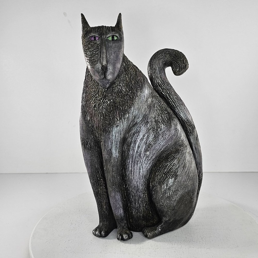 Marsha McCarthy Cat Figurine Sitting Gray Black Halloween 9.5"
